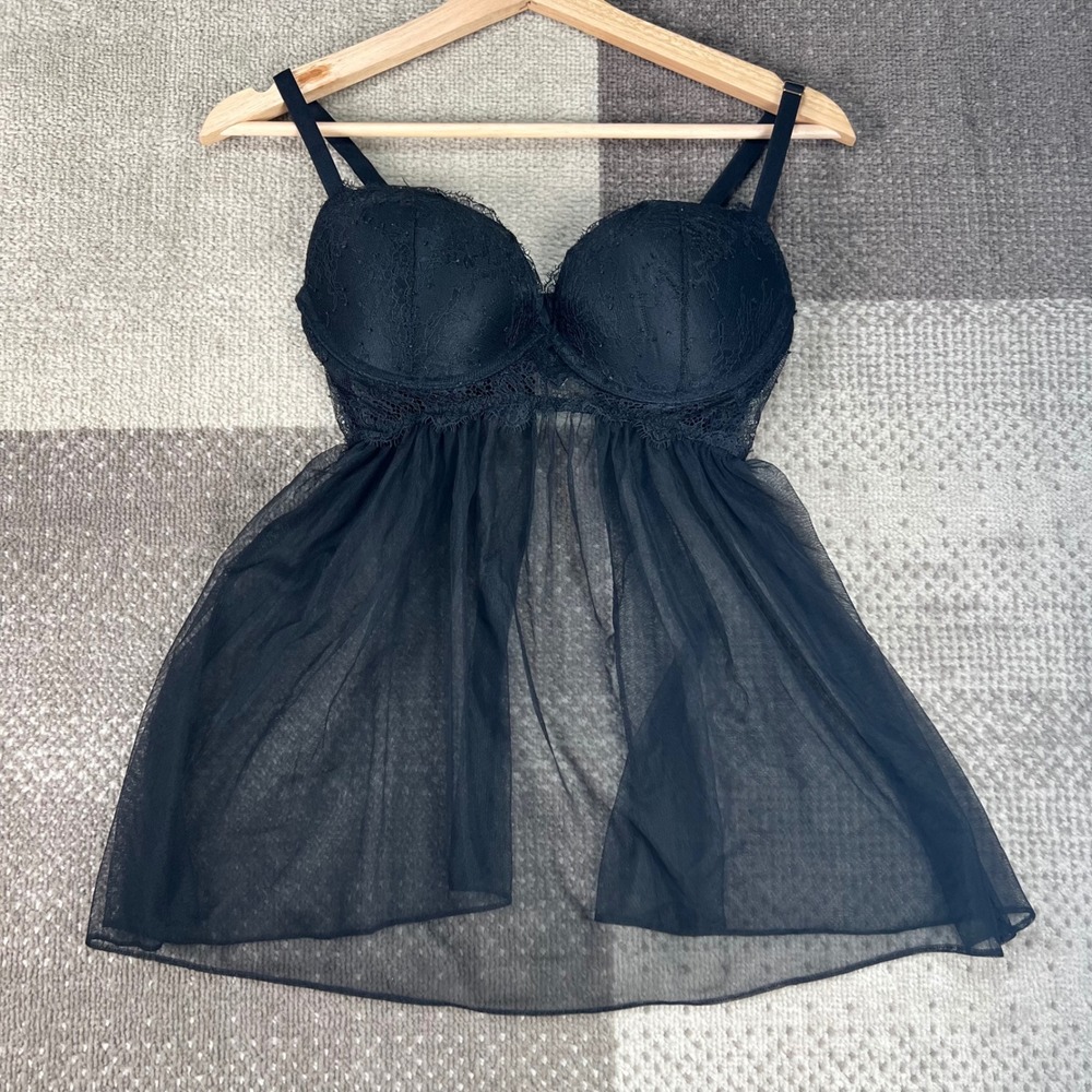 Victorias Secret Black Lace Mesh Slip Babydoll Lingerie Womens 36C‎